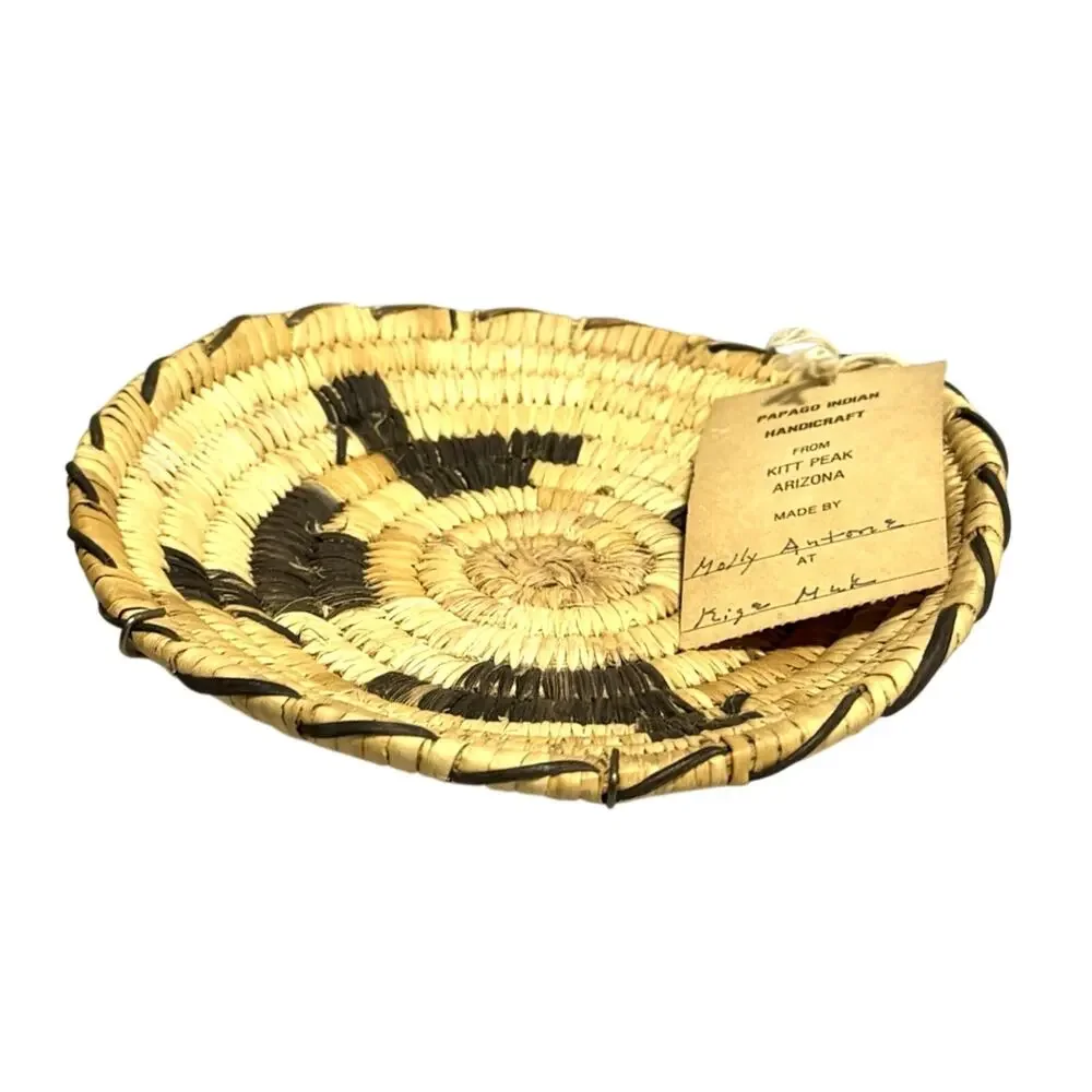 Vintage Papago Tohono O'odham Indian Coil Basket Ducks Kitt Peak AZ Signed 7